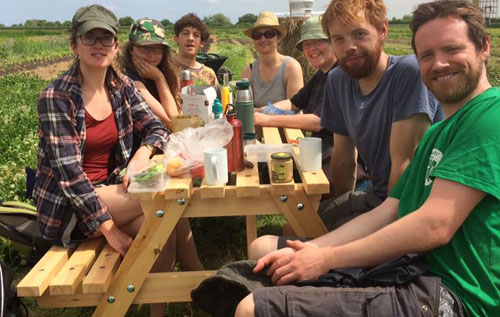Eves Hill Veg Co's Wednesday volunteer crew using the Reepham Life sponsored picnic table for the first time last month