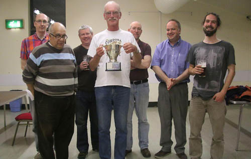 Broadland Chess Club's Norfolk and Suffolk Cup winning team (left to right): Gerald Moore, Terry Turner, Ken McEwan, Paul Badger (non-playing captain), Roy Hughes, Richard Polaczek and Dan Frean