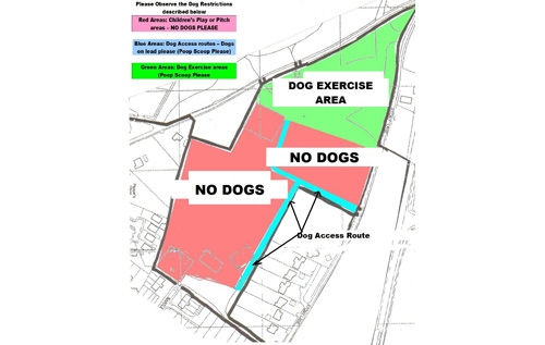 Map showing the restrictions on where dogs can be exercised on Stimpson's Piece, Reepham