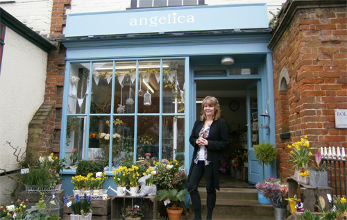 Hilary Livsey outside Angelica, the specialist florist for all events' in Market Place, Reepham