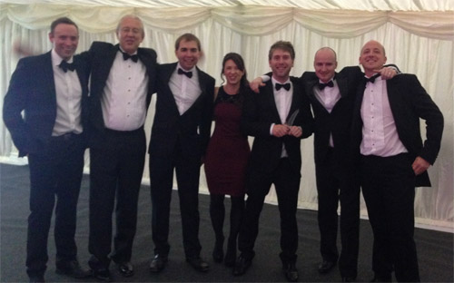 Left to right: Alex Wyatt, Ian Stamp, Pete Lawrence, Gemma Brown, Tom Thornley, Steve Flanagan and James Ellis of The Original Cottage Company during the EDP Business Awards 2014 at the Norfolk Showground Arena