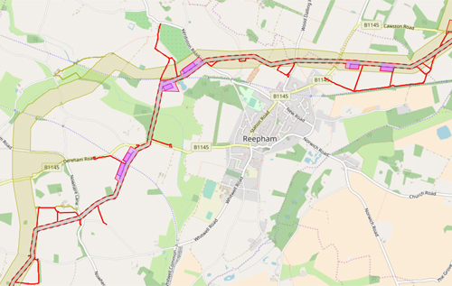 The revised 45-metre-wide Vattenfall cable route now passes to the east of Pettywell, compared with the earlier 100-metre-wide route (shaded), which would have crossed the B1145 Dereham Road further west.