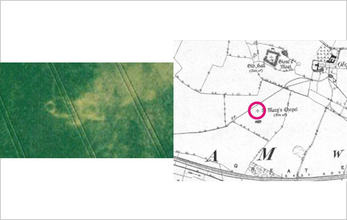 The outline of the lost' round-towered church at Chapel Close, Kerdiston